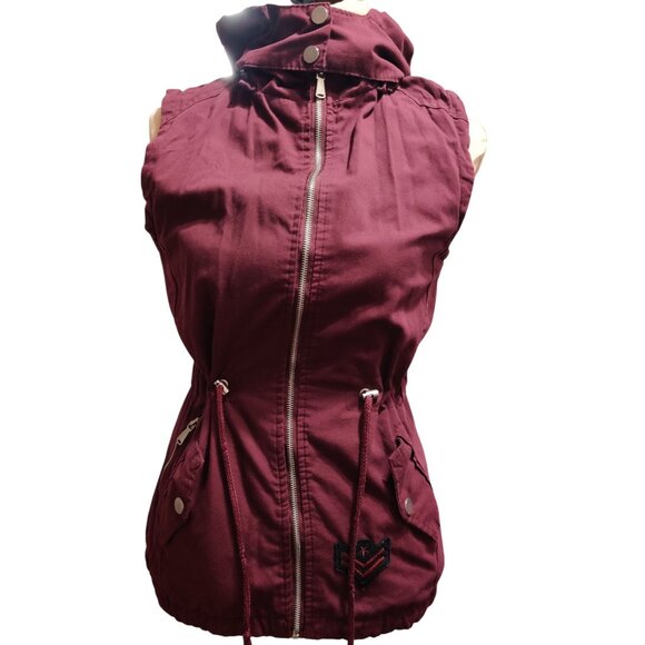 YMI S Burgundy Red Utility Hooded Vest Drawstring Street Style Militarycore Moto - Picture 11 of 11